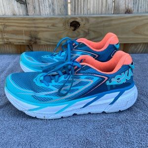 Hoka One One Clifton 3 Women Size 8 Athletic Running Shoes Blue and Coral